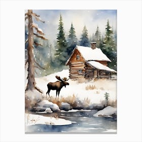 Winter Forest with Loghouse and Moose Canvas Print