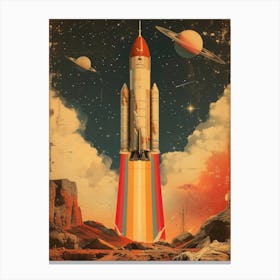 Space Odyssey: Retro Poster featuring Asteroids, Rockets, and Astronauts: Space Shuttle Launch 3 Canvas Print