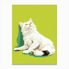 White Cat On Green Background Canvas Print