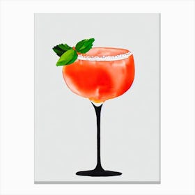 Frozen Strawberry Margarita Minimal Line Drawing & Watercolour Cocktail Poster Canvas Print