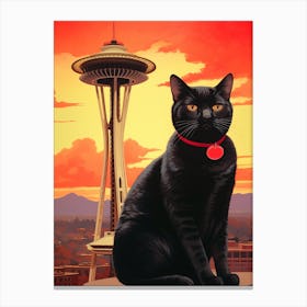 Black Cat With Space Needle Canvas Print