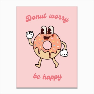 Retro Cartoon Donut Worry Be Happy Canvas Print