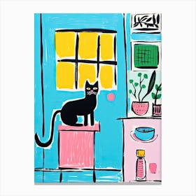 Black Cat In The Kitchen, Colourful Canvas Print