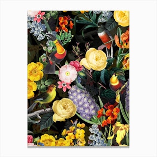 Night Vintage Spring Flower Bird Garden Canvas Print