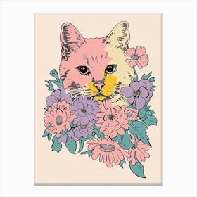 Cute American Shorthair Cat With Flowers Illustration 3 Canvas Print