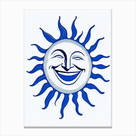 Laughing Sun Symbol Blue And White Line Drawing Canvas Print