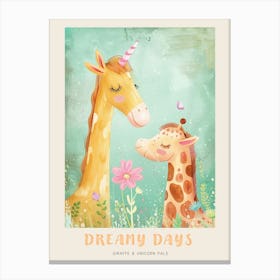 Giraffe & Unicorn Pastel Storybook Style 2 Poster Canvas Print