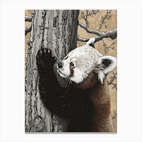 Red Panda Scratching Against A Tree Ink Illustration 4 Canvas Print