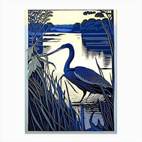 Blue Heron On Lake Vintage Linocut 1 Canvas Print