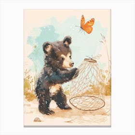 American Black Bear Cub Playing With A Butterfly Storybook Illustration 2 Canvas Print