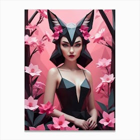 Low Poly Fox Girl,Black And Pink Flowers (12) Canvas Print