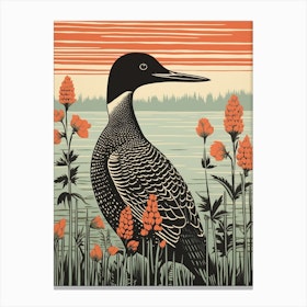 Vintage Bird Linocut Common Loon 3 Canvas Print
