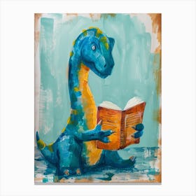 Dinosaur Reading A Book Blue Brushstrokes Canvas Print