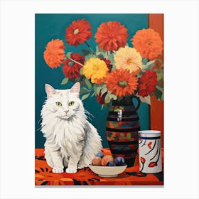 Chrysanthemum Flower Vase And A Cat, A Painting In The Style Of Matisse 2 Canvas Print