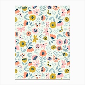 Cute Soft Scattered Scandi Florals Pink, Yellow, Light Blue, White Canvas Print