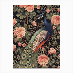 Floral Pink Roses Peacock 2 Canvas Print