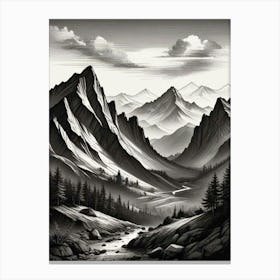 Monochrome Mountain Landscape Art Print (6) Canvas Print