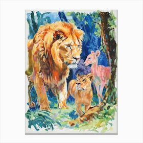 Asiatic Lion Interaction With Other Wildlife Fauvist Painting 3 Canvas Print