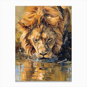 African Lion Drinking From A Watering Hole Acrylic Painting 3 Canvas Print