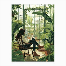 Girl Reading In A Greenhouse Canvas Print