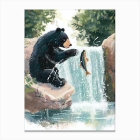 American Black Bear Catching Fish In A Waterfall Storybook Illustration 2 Canvas Print