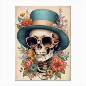 Vintage Floral Skeleton With Hat And Sunglasses (8) Canvas Print