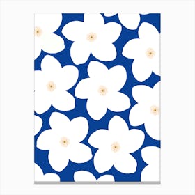 Retro Flowers White On Blue Floral Canvas Print