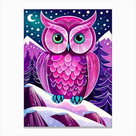 Pink Owl Snowy Landscape Painting (119) Canvas Print
