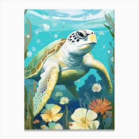 Modern Illustration Of Sea Turtle & Flowers 1 Canvas Print