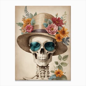 Vintage Floral Skeleton With Hat And Sunglasses (40) Canvas Print