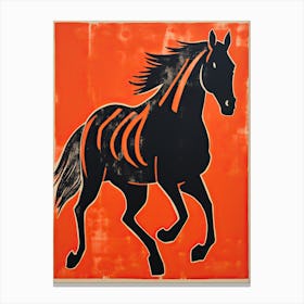 Black Horse, Woodblock Animal  Drawing 8 Canvas Print