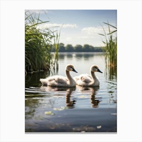 Two Cygnets Embodying Purity And Elegance Floating Serenely On A Tranquil Lake Surrounded By Lush (1) Canvas Print