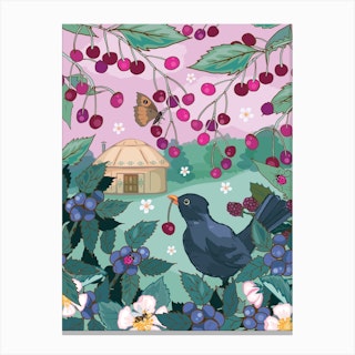 Yurt And Blackbird Cherry Thief Canvas Print