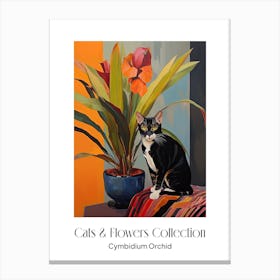 Cats & Flowers Collection Cymbidium Orchid Flower Vase And A Cat, A Painting In The Style Of Matisse 2 Canvas Print