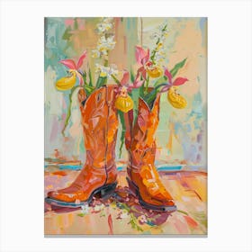 Cowboy Boots And Wildflowers Showy Ladys Canvas Print