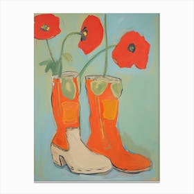 Painting Of Red Flowers And Cowboy Boots, Oil Style 4 Canvas Print