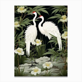 Green And White Cranes 3 Vintage Japanese Botanical Canvas Print