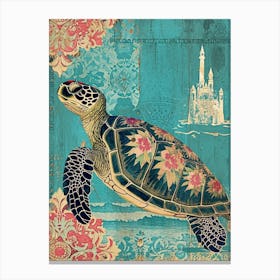 Floral Sea Turtle With An Underwater Castle Canvas Print