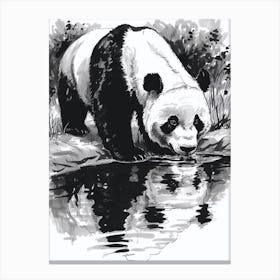 Giant Panda Drinking From A Tranquil Lake Ink Illustration 3 Canvas Print