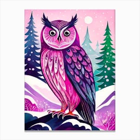 Pink Owl Snowy Landscape Painting (25) Canvas Print