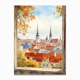 Window View Of Tallinn Estonia In Autumn Fall, Watercolour 4 Canvas Print