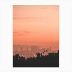 Los Angeles, USA I Sunset light over Los Angeles skyline photography with its vibrant orange aesthetic and palm trees, downtown, villas silhouette panorama view from Hollywood Hill mountains and Griffith Observatory Canvas Print