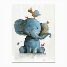 Small Joyful Elephant With A Bird On Its Head 10 Canvas Print