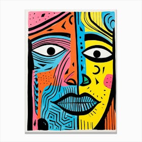 Colourful Linocut Inspired Face Illustration 3 Canvas Print