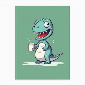Cartoon Dinosaur Holding A Cup Of Coffee Canvas Print