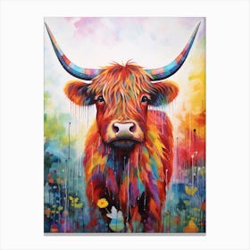 Paint Drip Patchwork Illustration Of Highland Cow Canvas Print