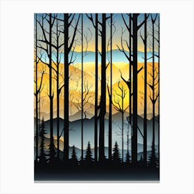 Sunset In The Woods,   Forest bathed in the warm glow of the setting sun, forest sunset illustration, forest at sunset, sunset forest vector art, sunset, forest painting,dark forest, landscape painting, nature vector art, Forest Sunset art, trees, pines, spruces, and firs, black, blue and yellow, woods Canvas Print