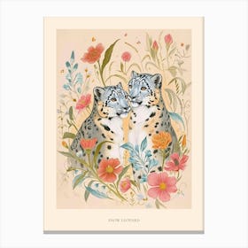 Folksy Floral Animal Drawing Snow Leopard 3 Poster Canvas Print