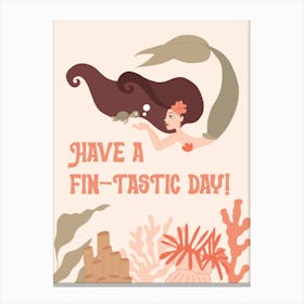 Playful swimming mermaid with turtle and funny quote in coral reef Canvas Print