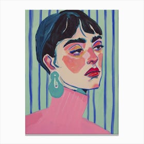 Woman with Pink Turtleneck Mint Earrings. Acrylic Portrait Canvas Print